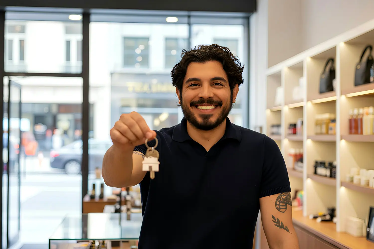 A shop owner holding up keys