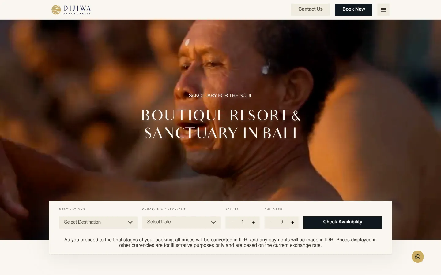 Home page of the Dijiwa Sanctuaries website with its booking bar