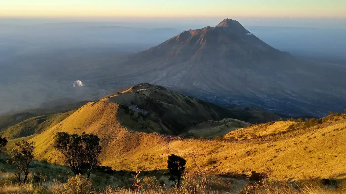 A volcano rising above a ridge of golden grass